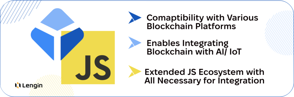 Benefits of Using JavaScript for Blockchain Development include compatibility, integration with AI and IoT.