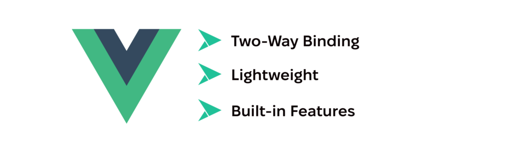 Vue.js key features: two-way binding, lightweight, built-in features.