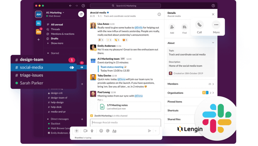 Real-time features in Slack: presence and typing indicators, chats, calls.